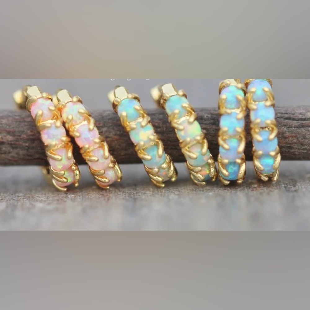 Elegant Blue Opal Gold Hoop Earrings